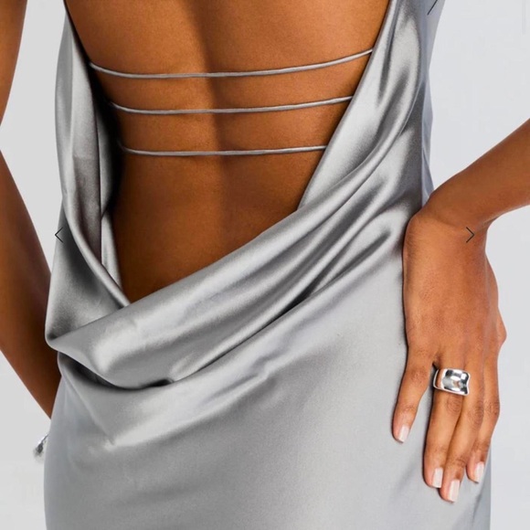 Retrofete Silver Strapless Satin Column Gown - Picture 4 of 5